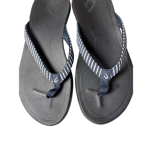OluKai Ho'Opio Flip Flops Sandal Size 6 Black Onyx Stripe Beach Minimal Comfort - Picture 5 of 9